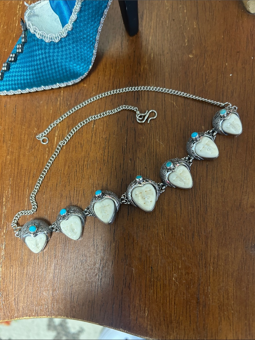 925 Sterling silver face Pendant Necklace with Turquoise Accents - White Faces